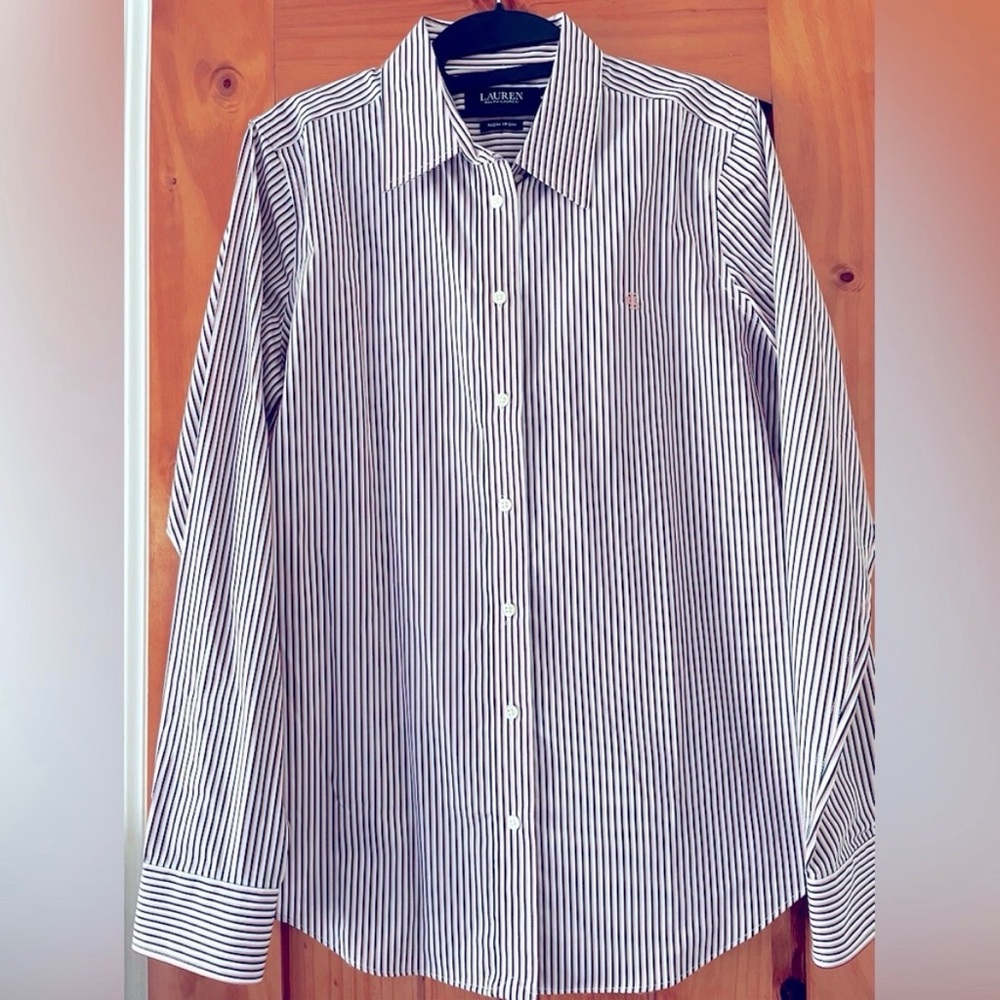 Ralph Lauren Women's Black and White Striped Button Down Shirt